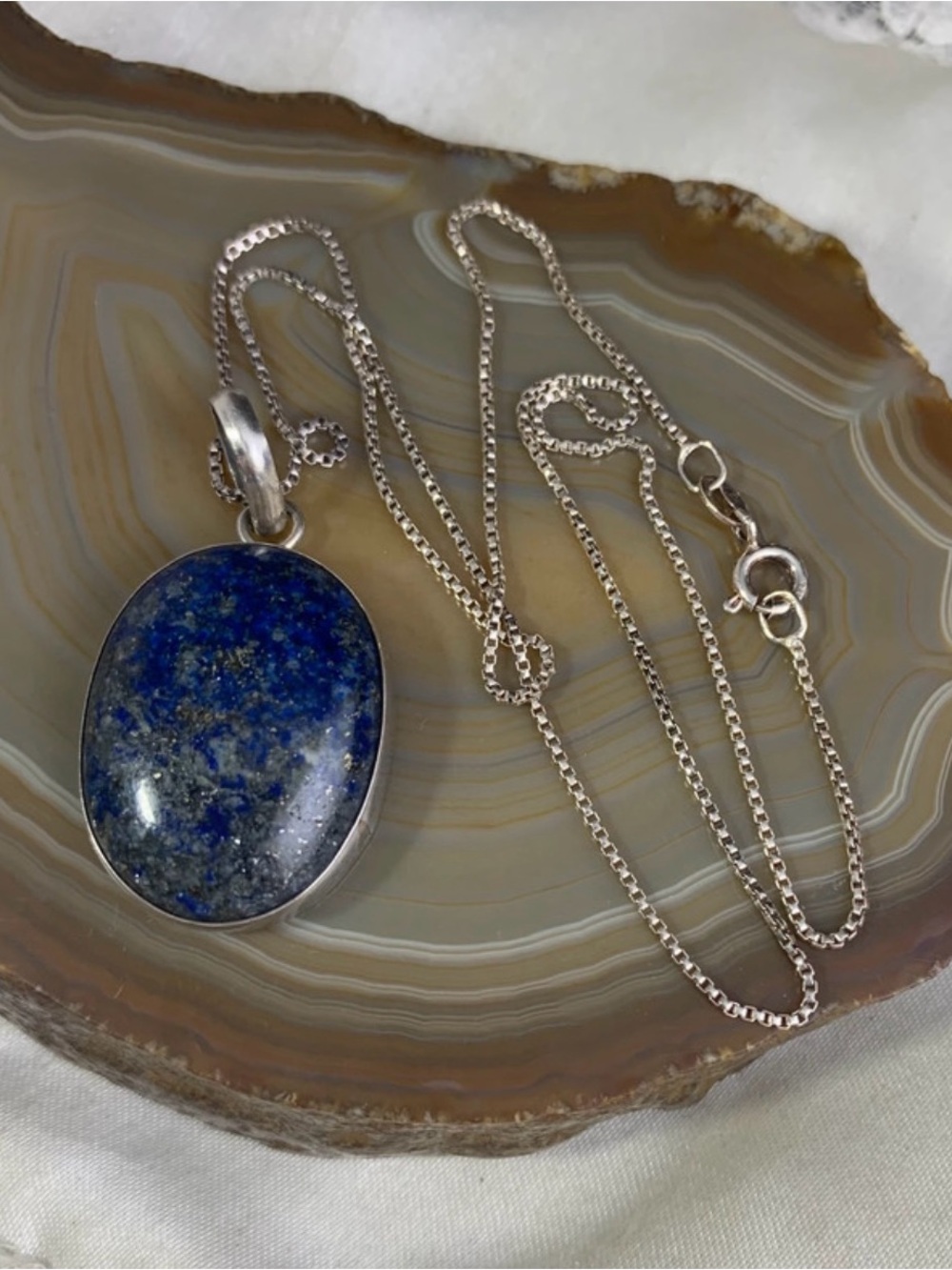 Sterling Silver Lapis Lazuli Oval Pendant Necklace - Deep Blue Gem